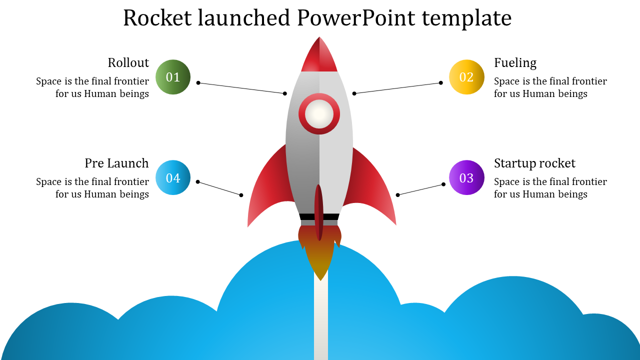 Red and white rocket launching from blue clouds with four colorful numbered circles on either side.