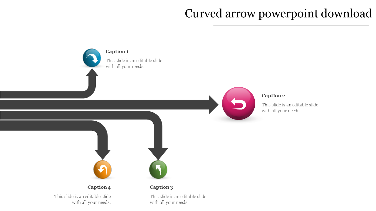 Slide featuring curved arrows directed towards different icons, illustrating various concepts with captions.