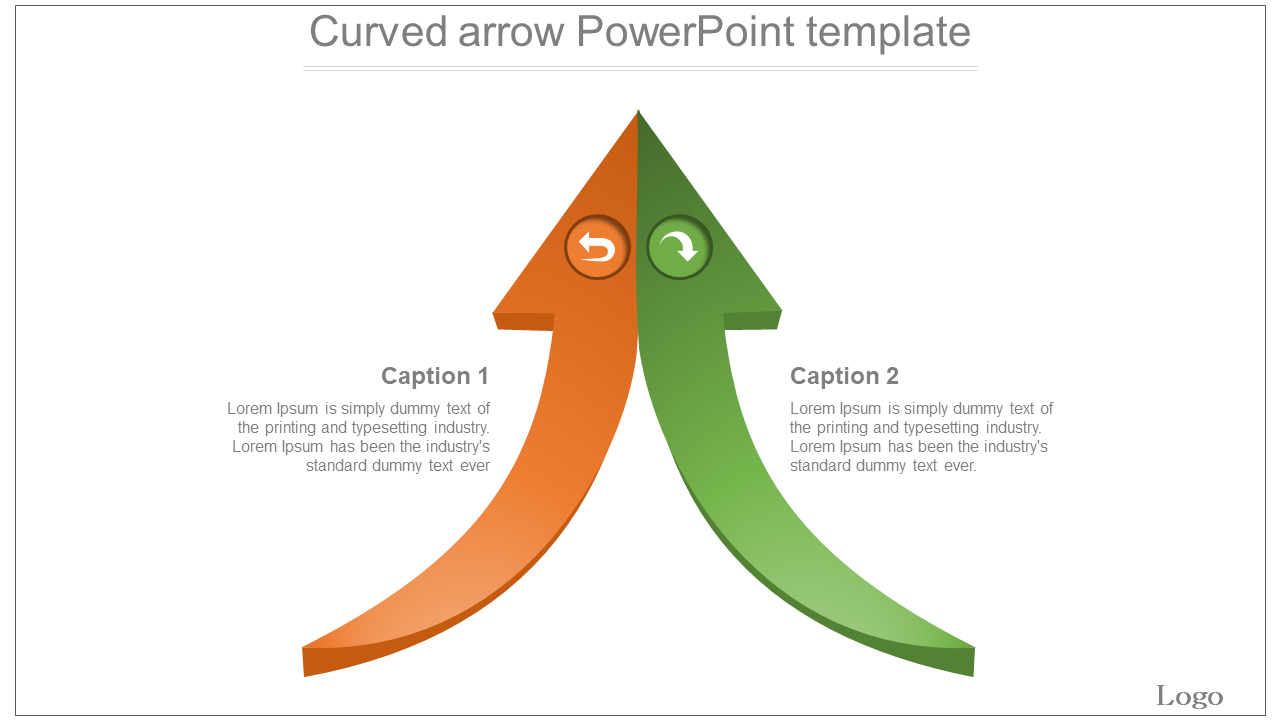 Slide with curved orange and green arrows in opposite directions and space for two captions.