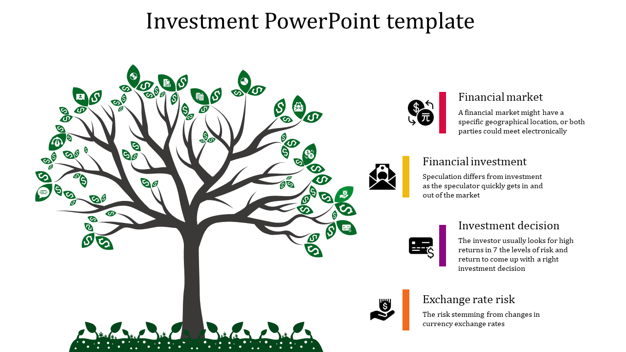 Illustration of a tree with financial themed leaves and four key points are listed with icons on the right.