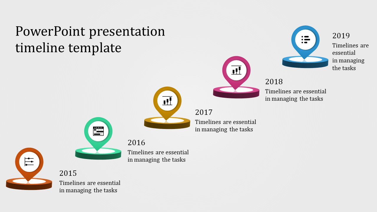 PowerPoint slide featuring a timeline template with milestones from 2015 to 2019, illustrating task management.