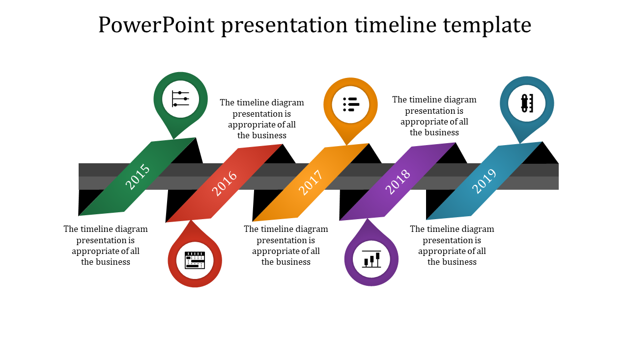 Timeline slide with green, red, yellow, purple, and blue markers with icons and text aligned along a black horizontal track.