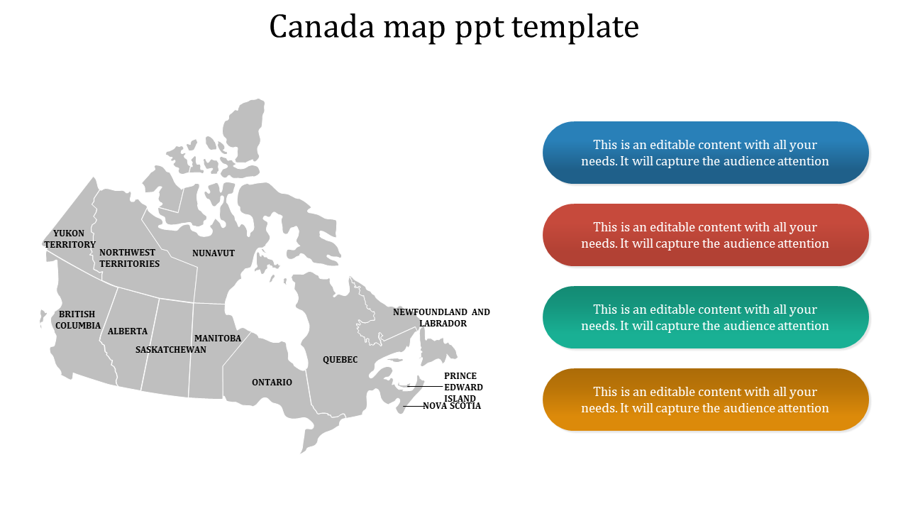 Canada map template with labeled provinces and territories on the left and four colorful content boxes on the right.