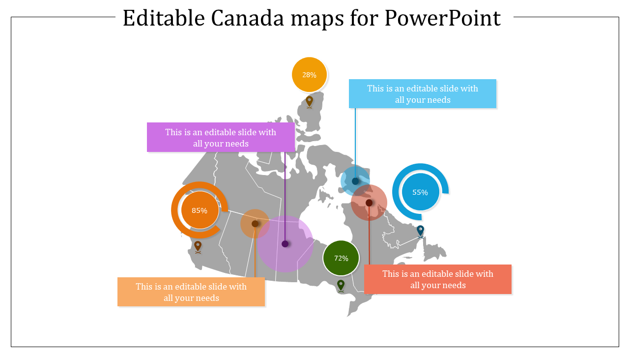 Canada map showing various regions highlighted with data percentages and captions in purple, blue, yellow, and orange.