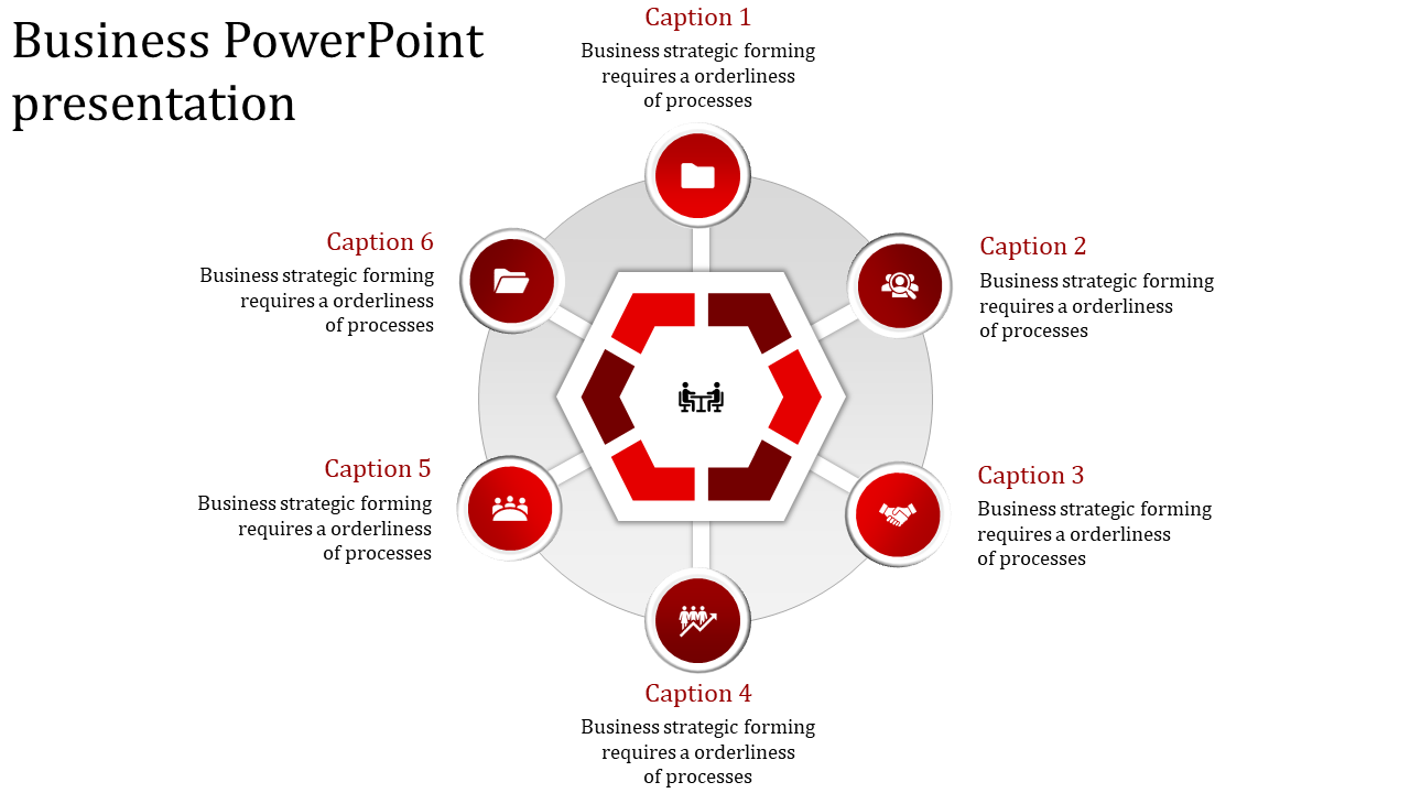 Red and white circular diagram with six icons representing business processes, with captions around the hexagonal center.