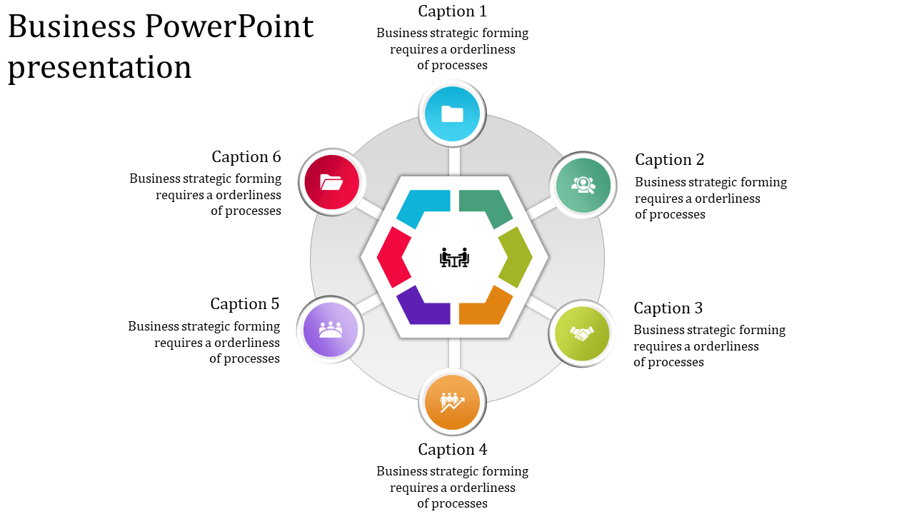 Circular layout with a hexagon at the center and six colorful icons surrounding it in a business presentation design.