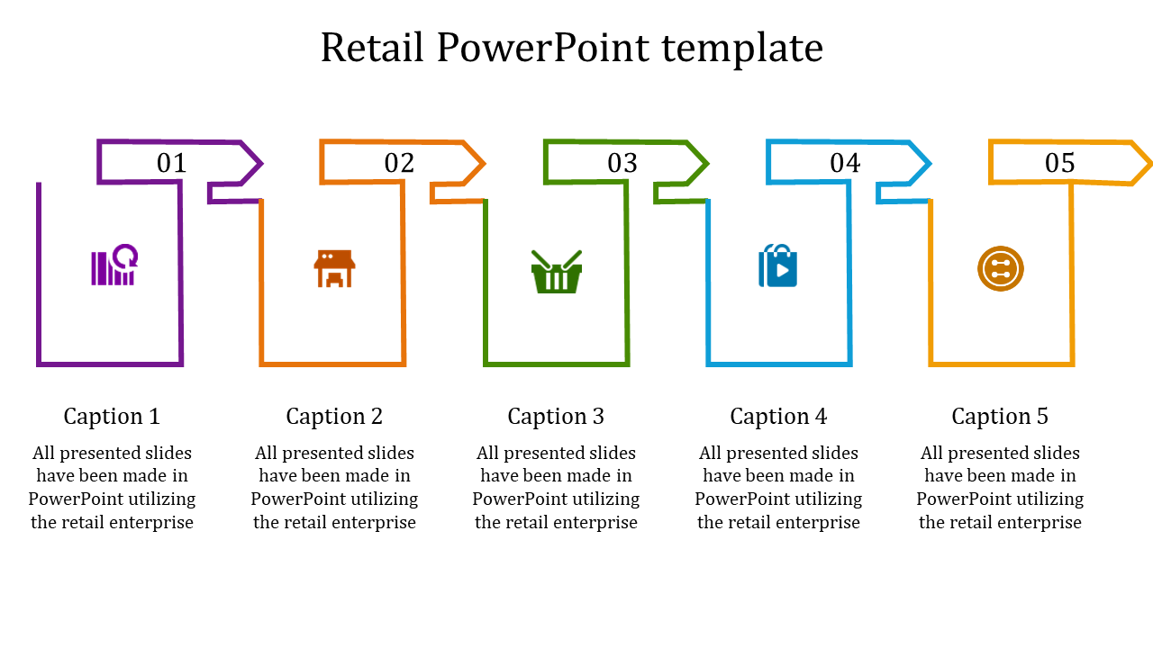 Step-by-step diagram showcasing retail stages with retail-related icons in sequence and captions areas.