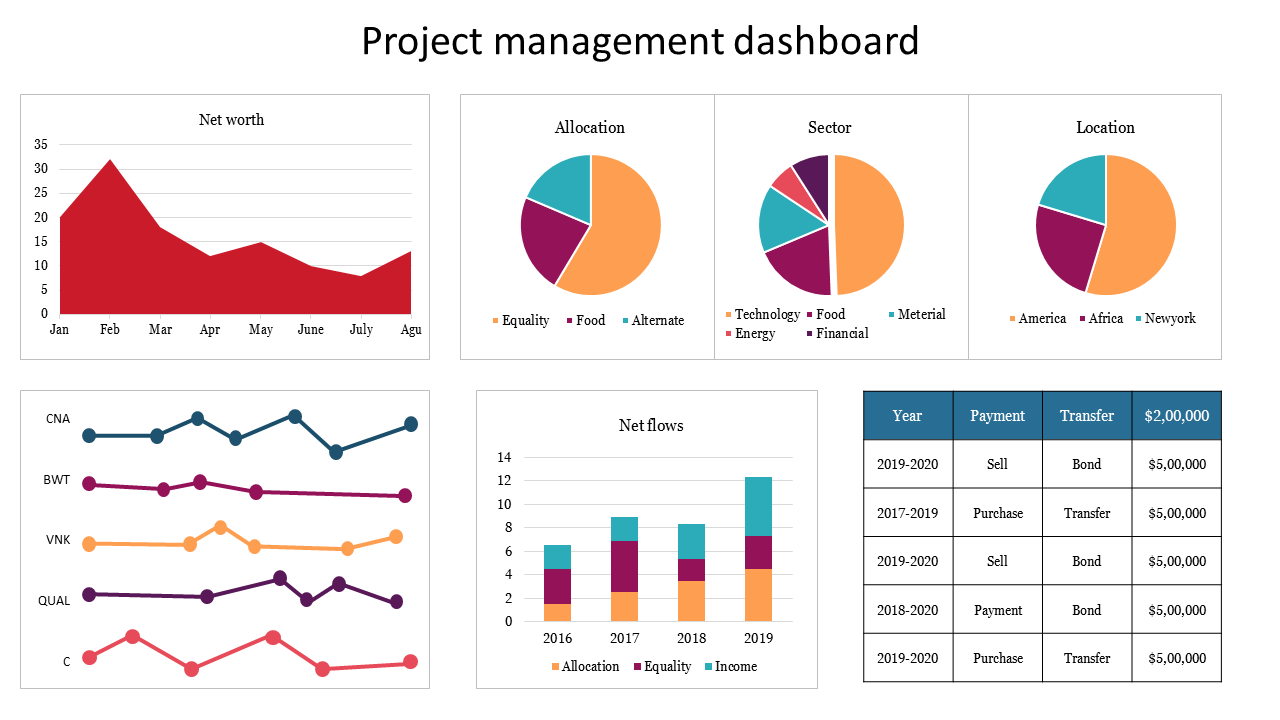 Project management dashboard slide showing colored charts for net worth, sector allocation, and various financial metrics.