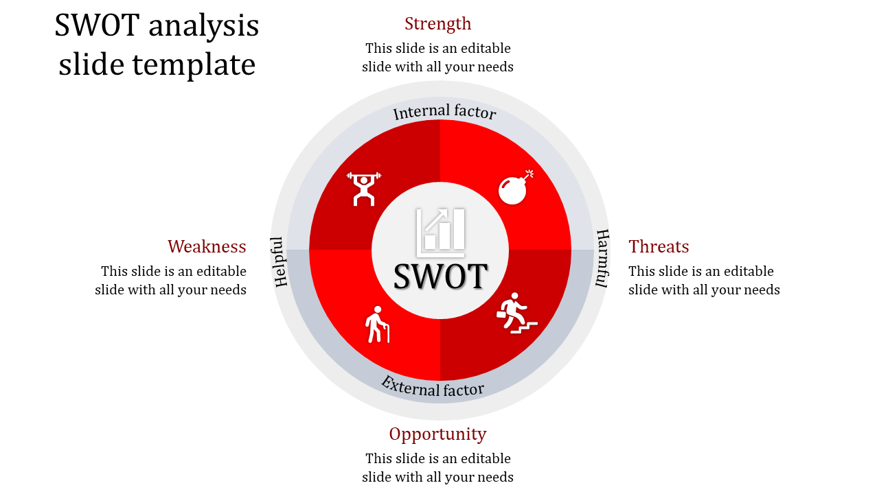 Red circular SWOT analysis design with icons in each quadrant representing strength, weakness, opportunity, and threat.