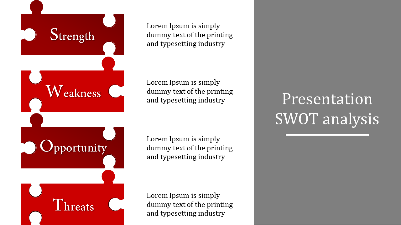 Vertical layout of SWOT analysis with red puzzle pieces, each section labeled and containing placeholder text areas.