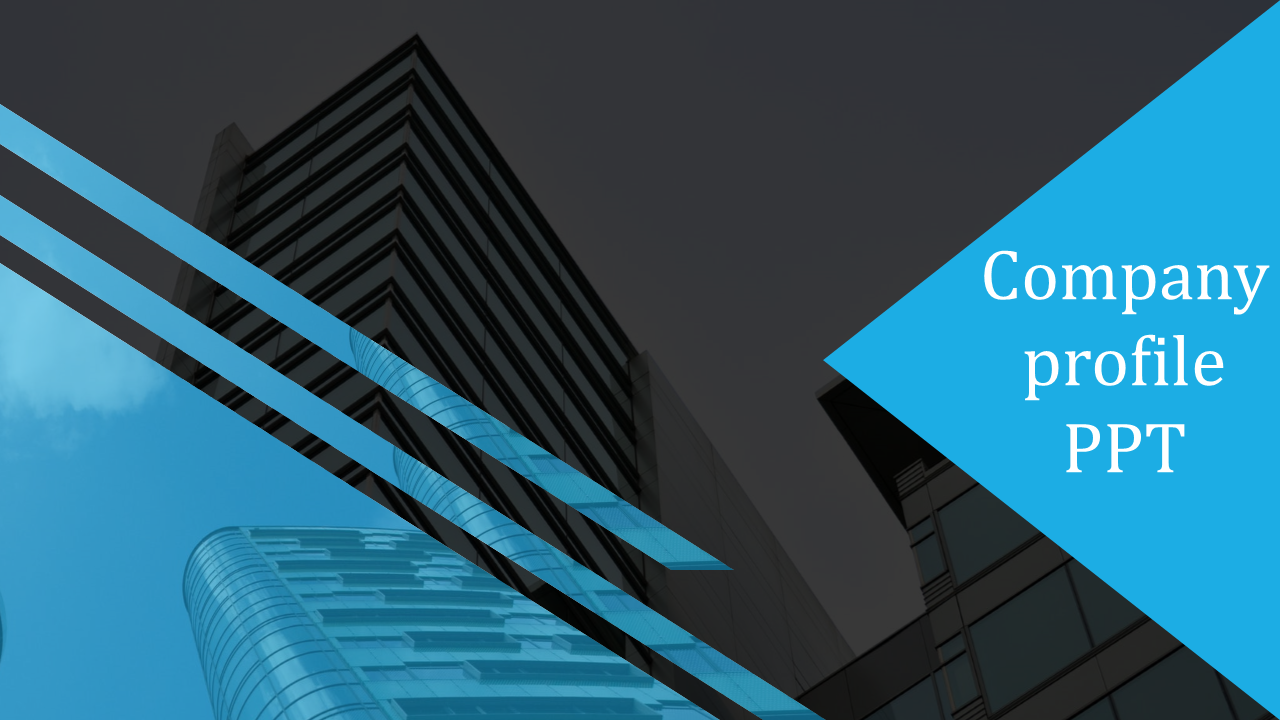 Modern company profile slide with angled blue lines highlighting dark building background, and bold text on the right.