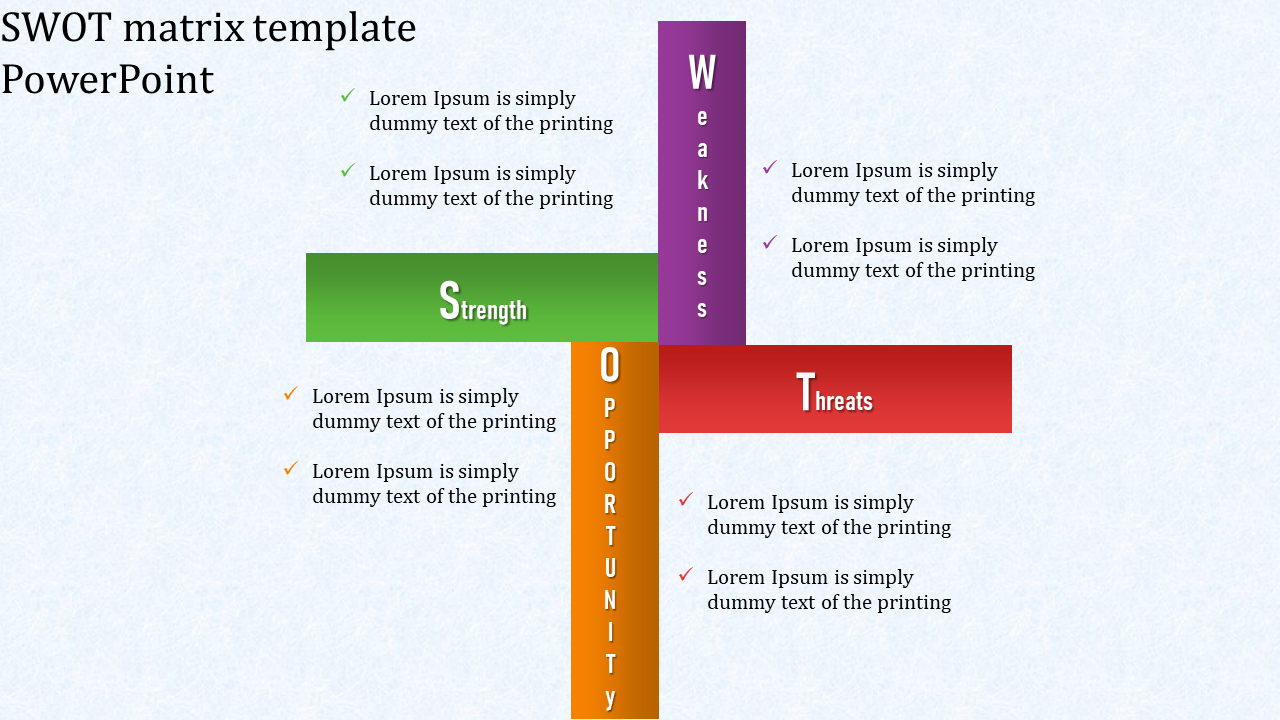 SWOT matrix layout with vertical and horizontal bars in green, purple, orange, and red, with text aligned for clarity.