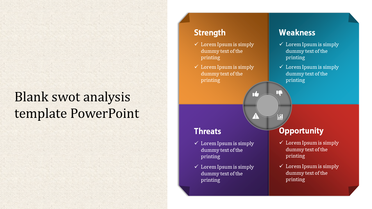 SWOT slide with four quadrants in orange, blue, purple, and red with a central grey circle containing icons.