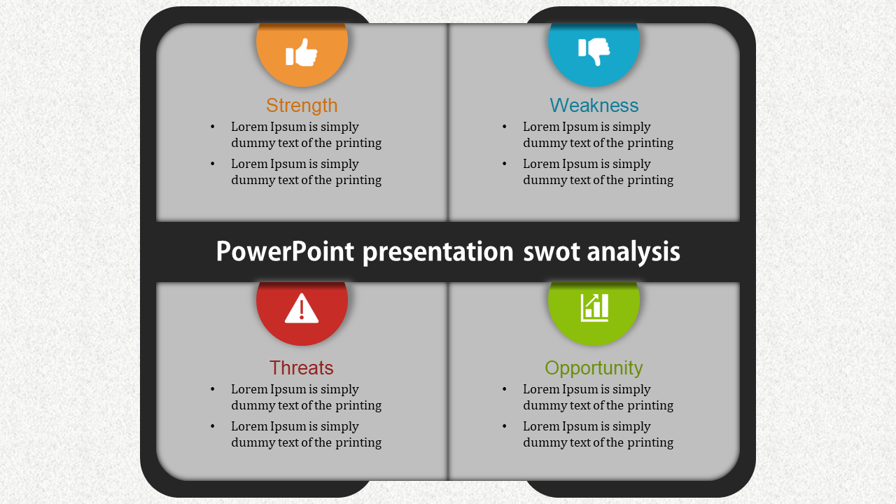 SWOT analysis template with icons and titles in orange, blue, green, and red, arranged in a four square layout.