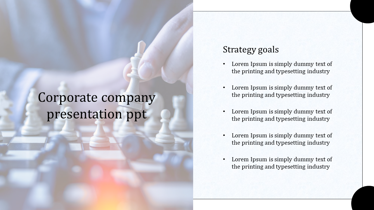 Corporate layout featuring a blurred chessboard image with light flares and a white text area on the right.