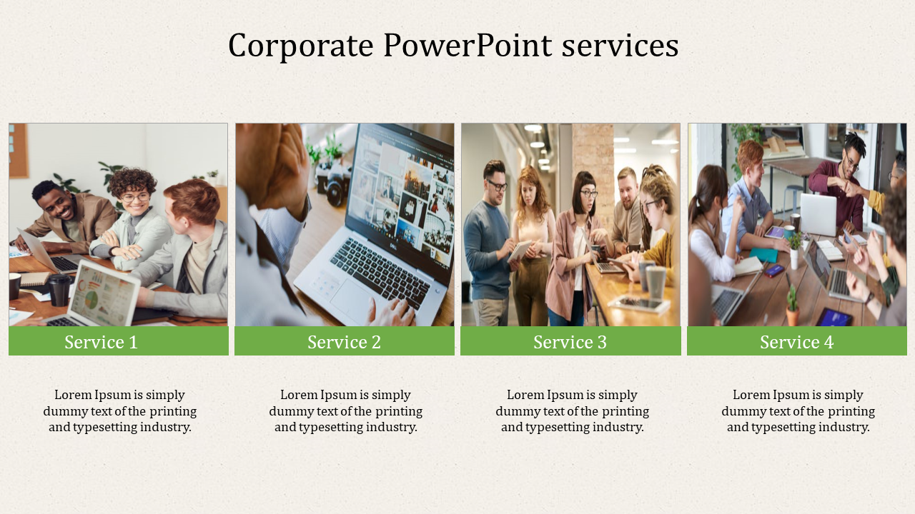 Corporate services slide with four collaborative office scenes and green labels, on a beige textured background.