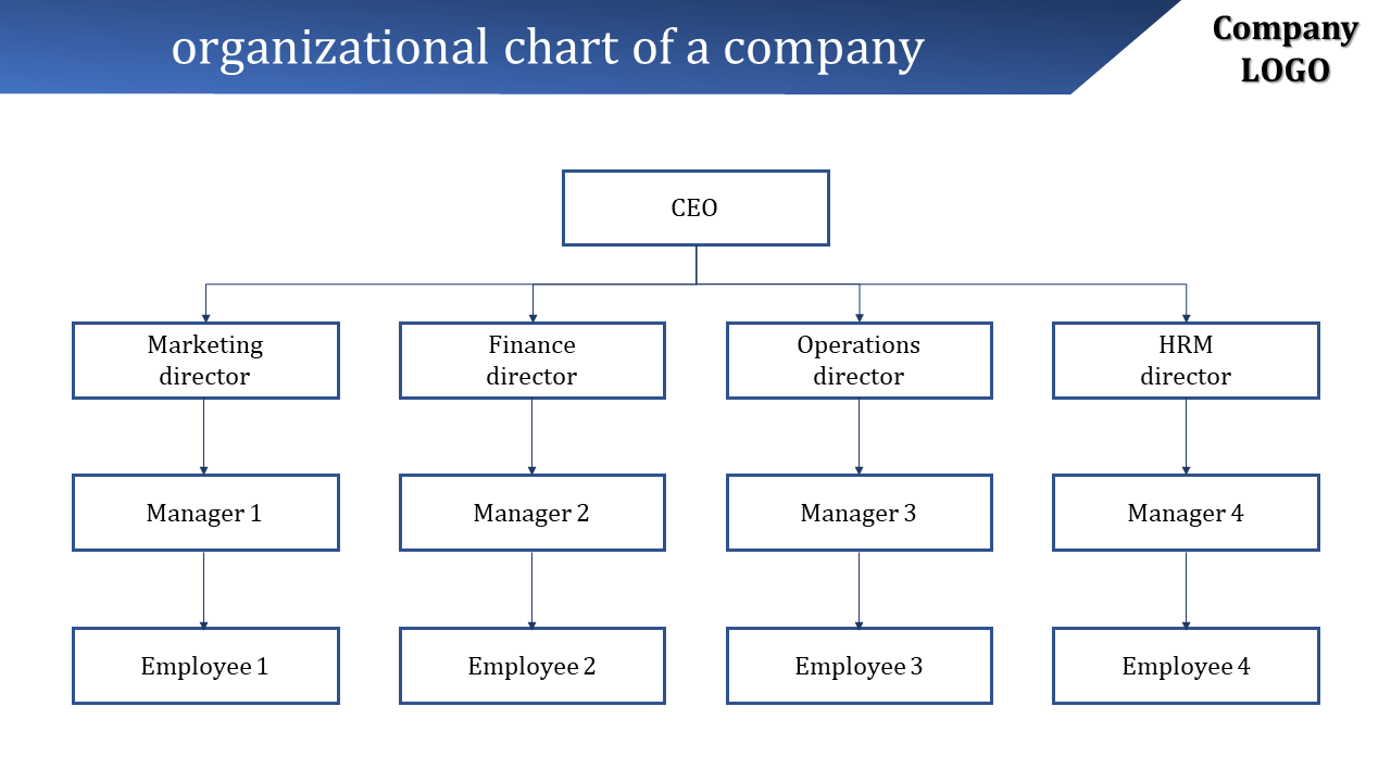 Organizational chart with CEO at the top, followed by four directors, managers, and employees in a hierarchical structure.