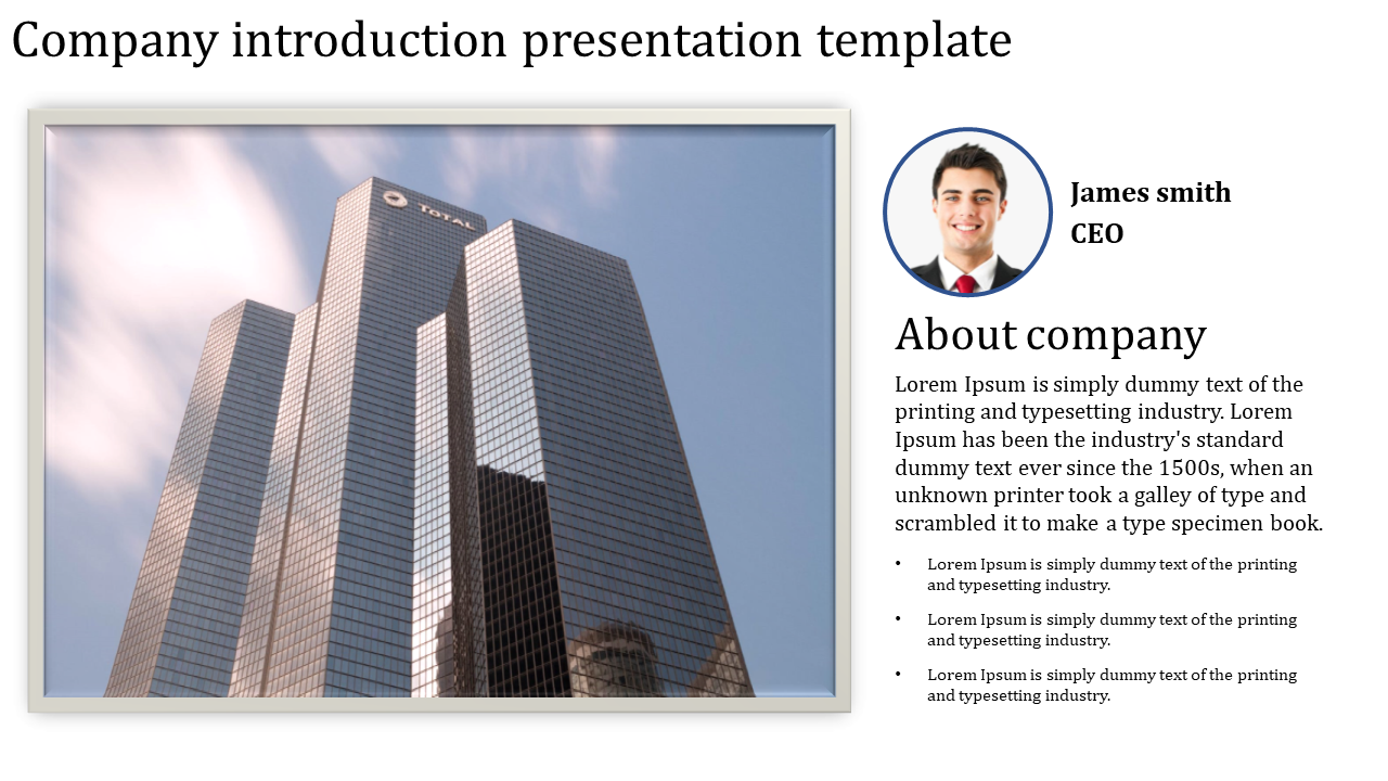 A professional company introduction slide featuring a modern building, CEO James Smith's portrait, and a company overview.