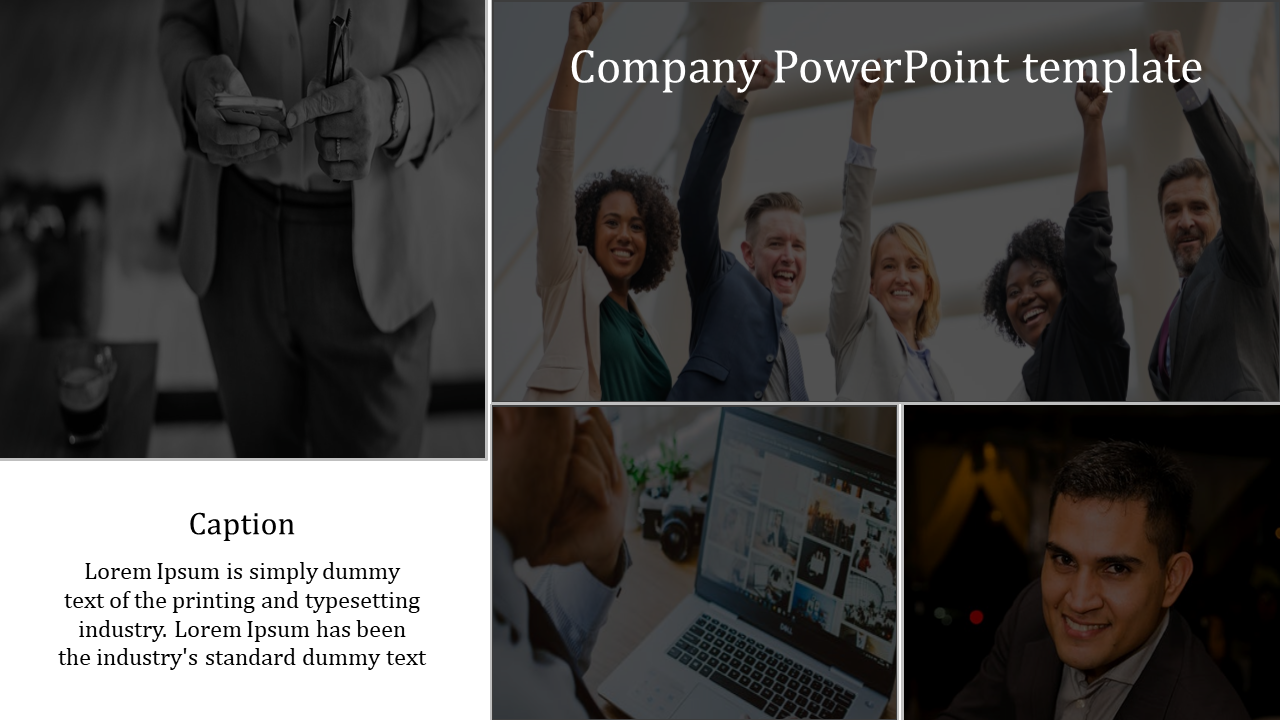 Company slide featuring a grayscale portrait on the left and three team focused vibrant images on the right.