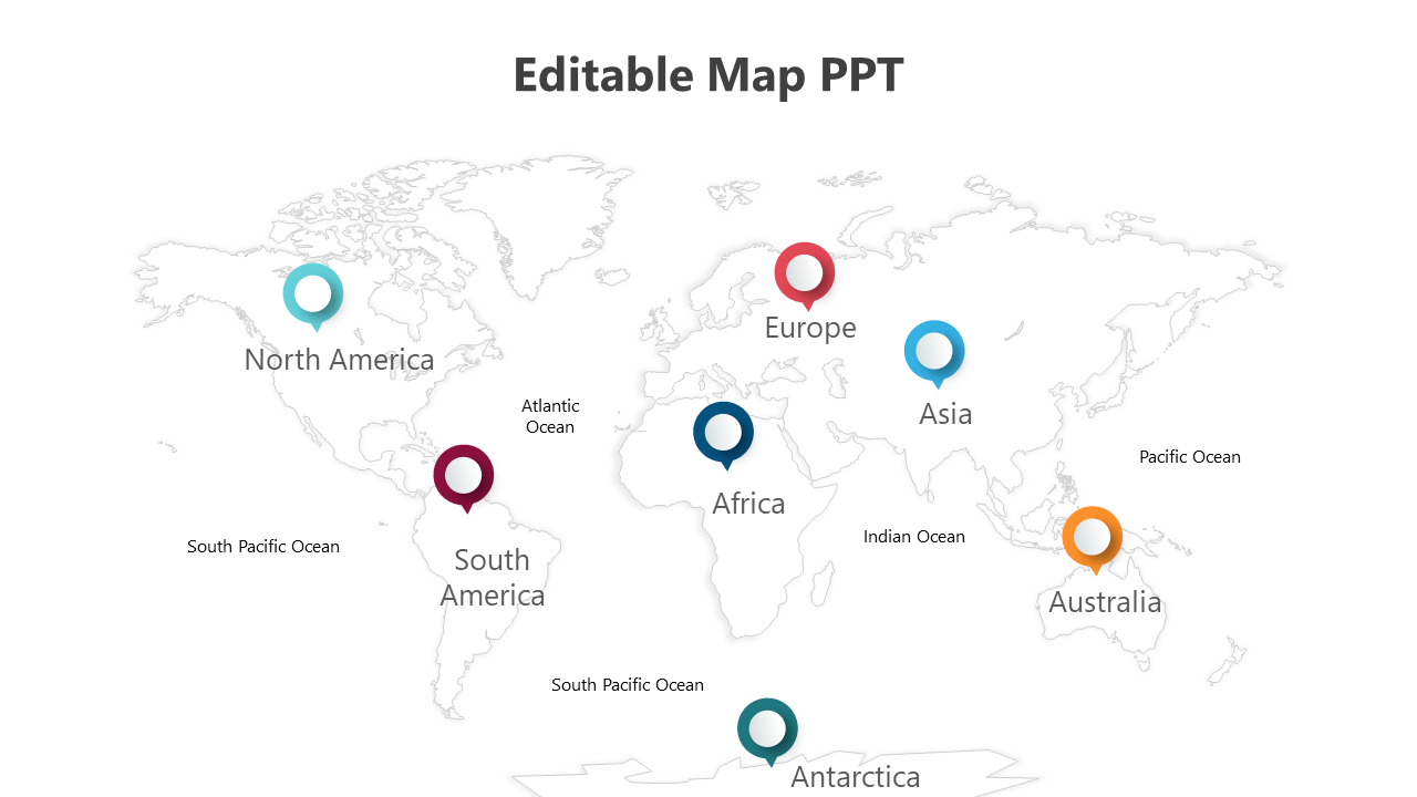 Global map featuring color coded circular location markers for major continents with labeled oceans.