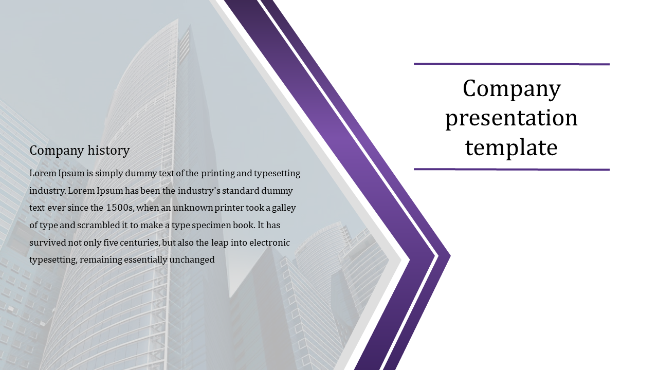 Company slide featuring a modern skyscraper background, with purple angular design and descriptive text on the left.