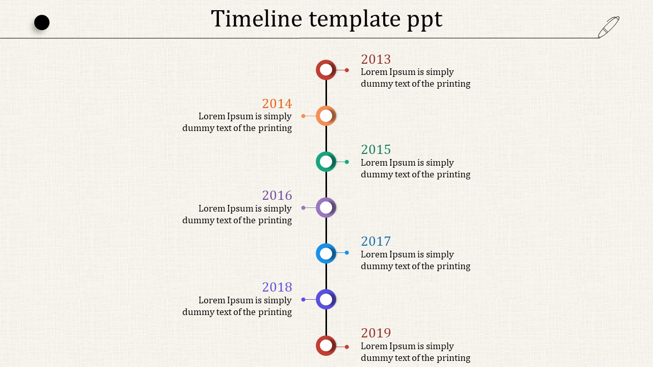 Vertical timeline design featuring years from 2013 to 2019, each marked with colored circles and descriptions beside them.