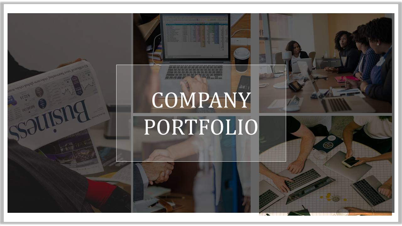 Company portfolio cover slide featuring a collage of business related images.