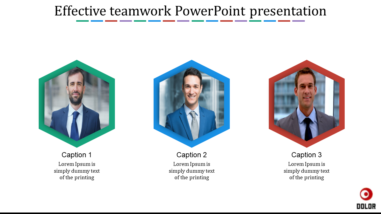 Slide showcasing team members in green, blue, and red hexagonal frames with captions, under a teamwork themed title.