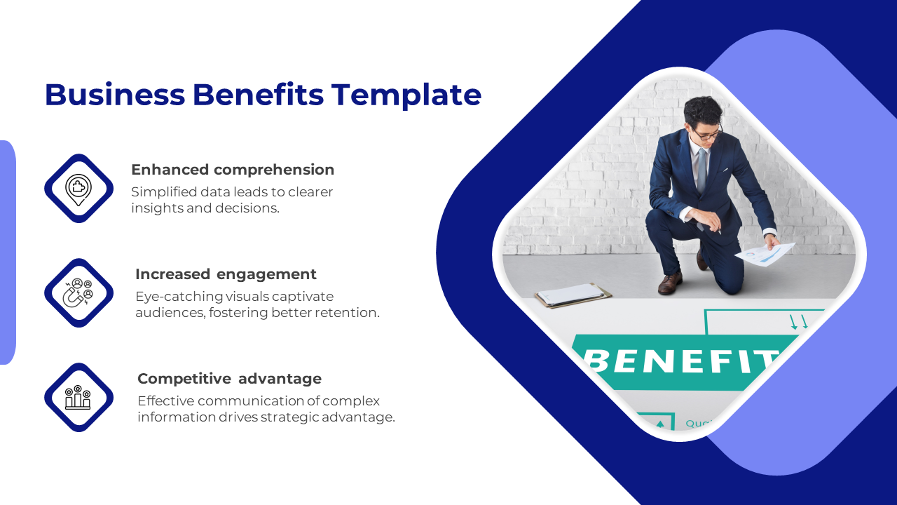 Business benefits template featuring three icons , with an image of a professional reviewing a document.