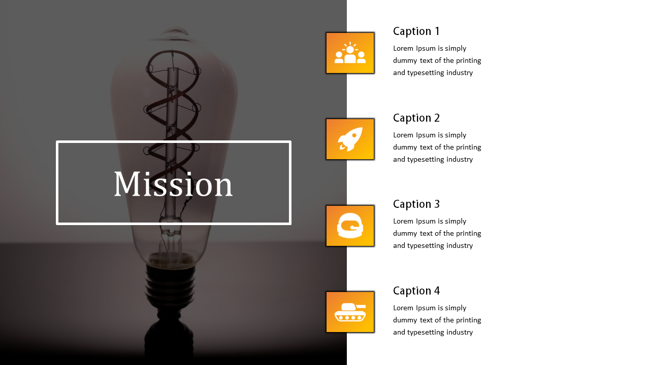 Mission slide with a lightbulb graphic on the left and four orange-captioned icons with text on the right.