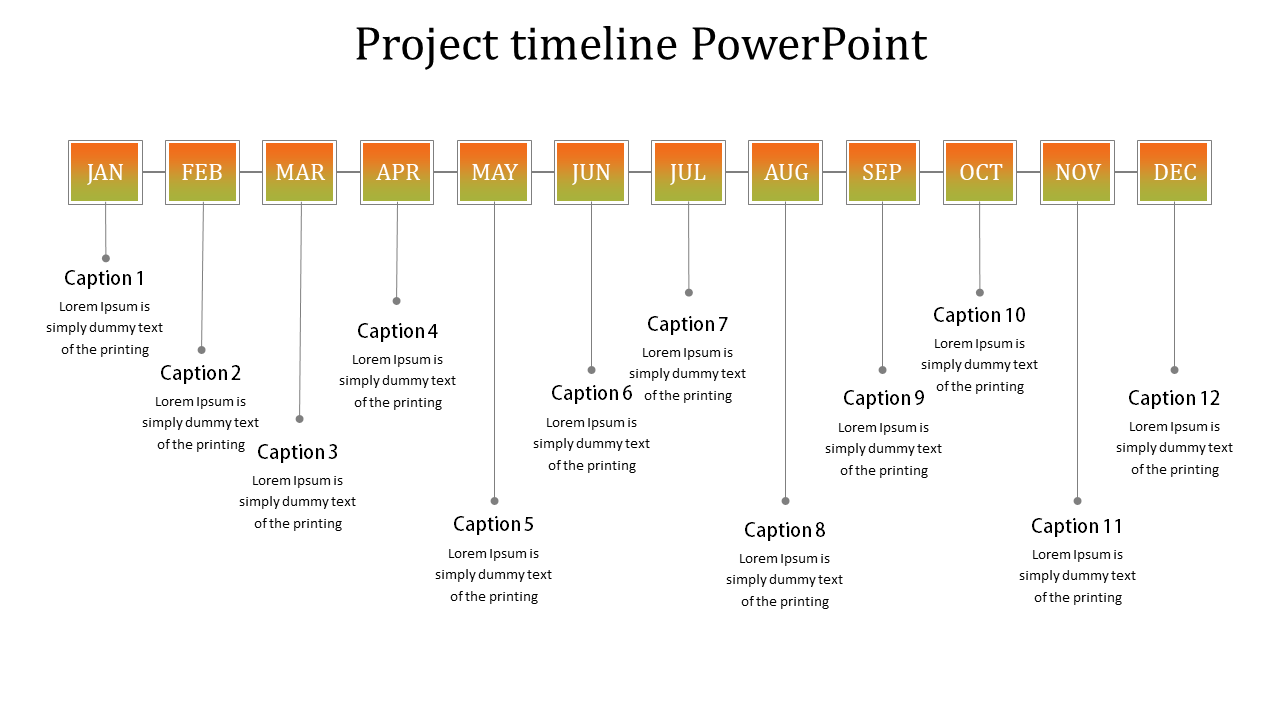 A slide showing a monthly project timeline from January to December with each connected to captions with placeholder text.