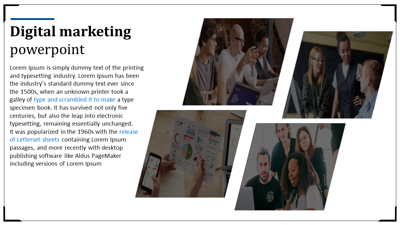 Digital marketing slide with text on the left and four angled images on the right showing diverse collaborative scenes.