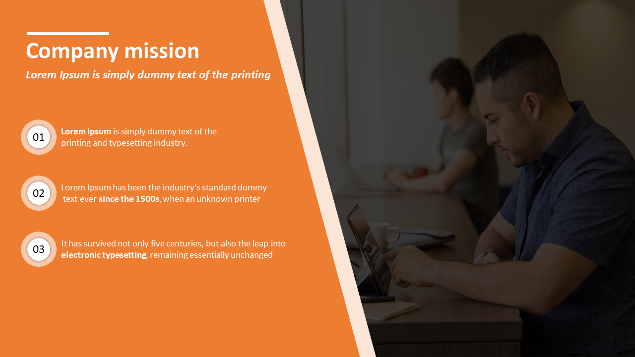 Split layout with mission text on an orange background and a right aligned photo of a man using a tablet in a casual setting.