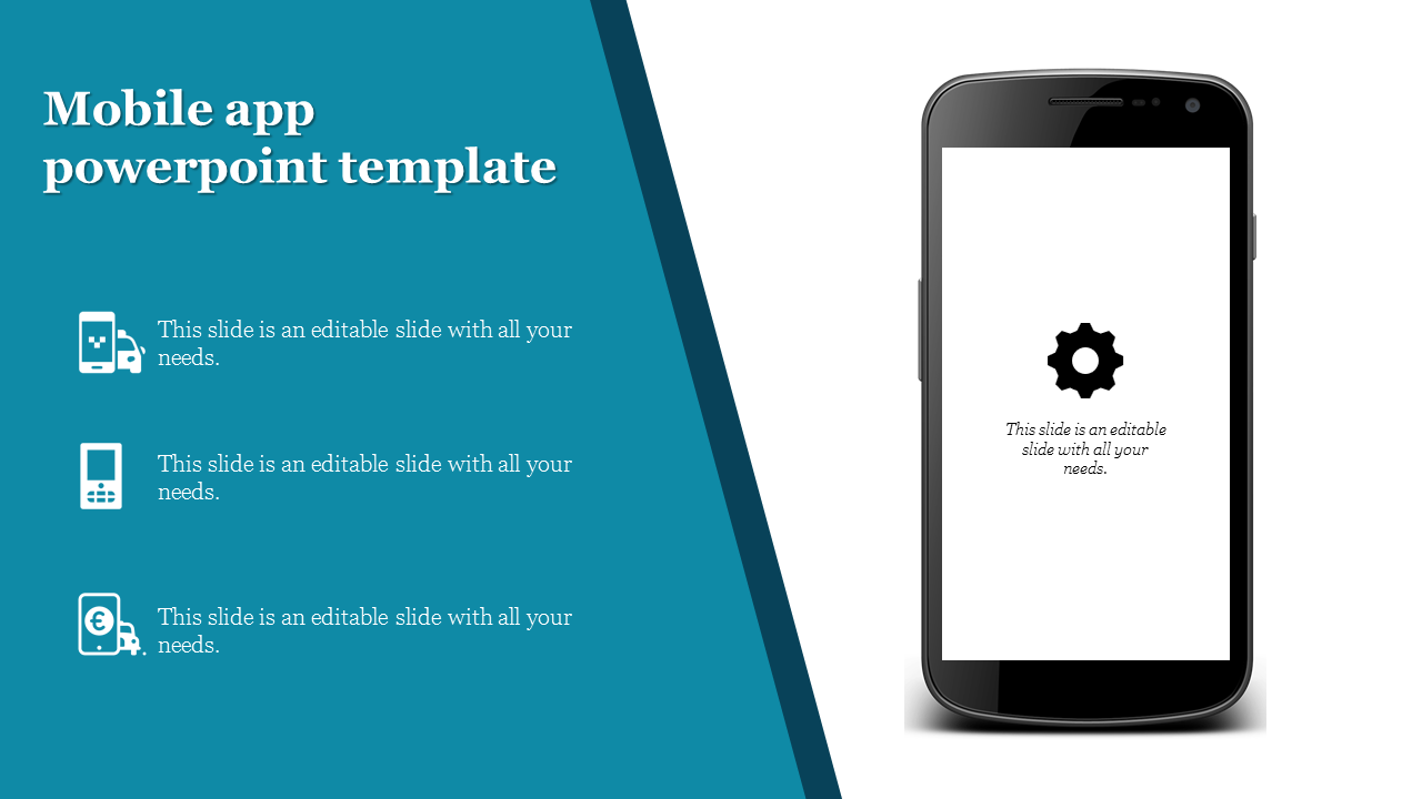 Mobile app slide showing a smartphone with a gear icon and text placeholders on a teal background.