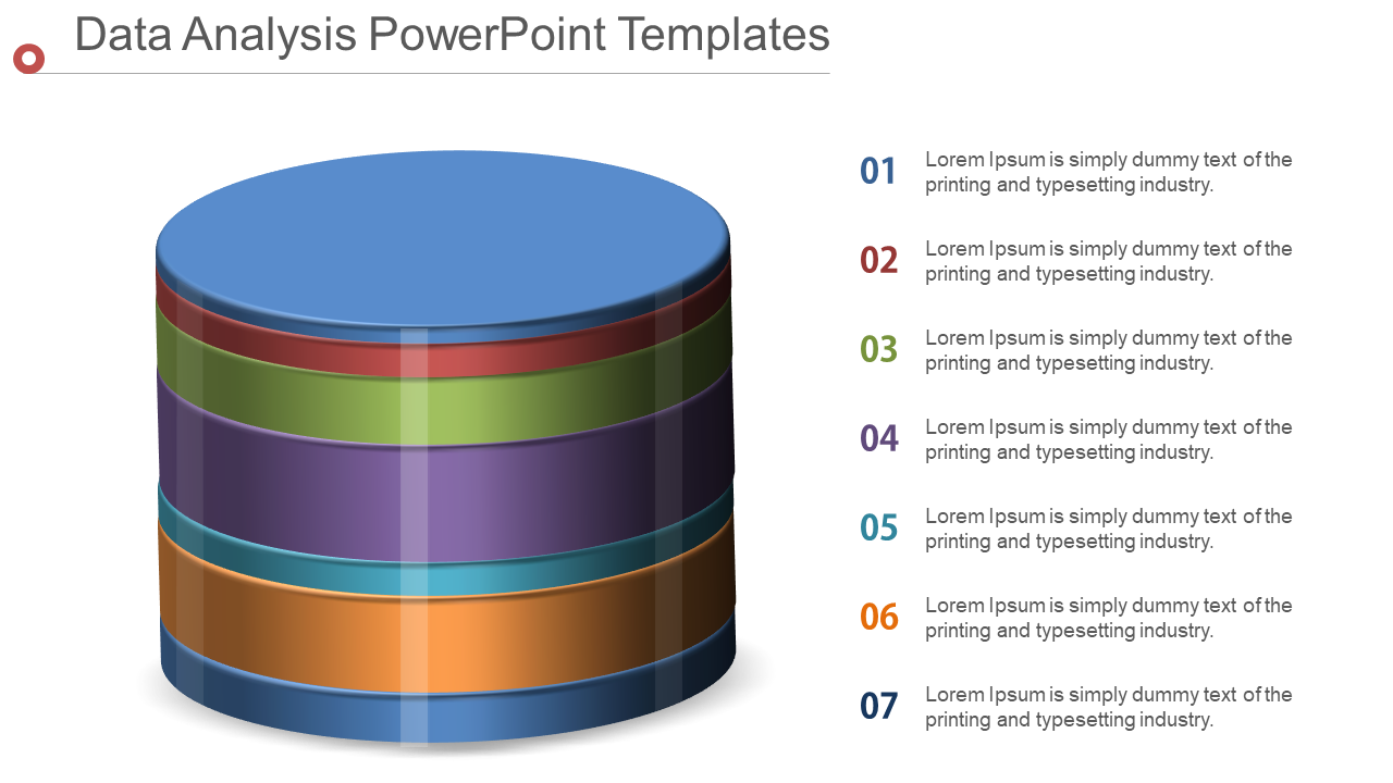 Data Analysis slide featuring a 3D stacked cylinder with colorful layers and numbered sections for data description.