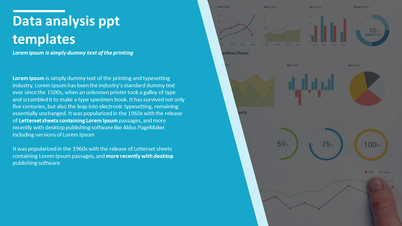 A PPT slide showing various data visualization charts and graphs for data analysis with placeholder text on a blue theme.