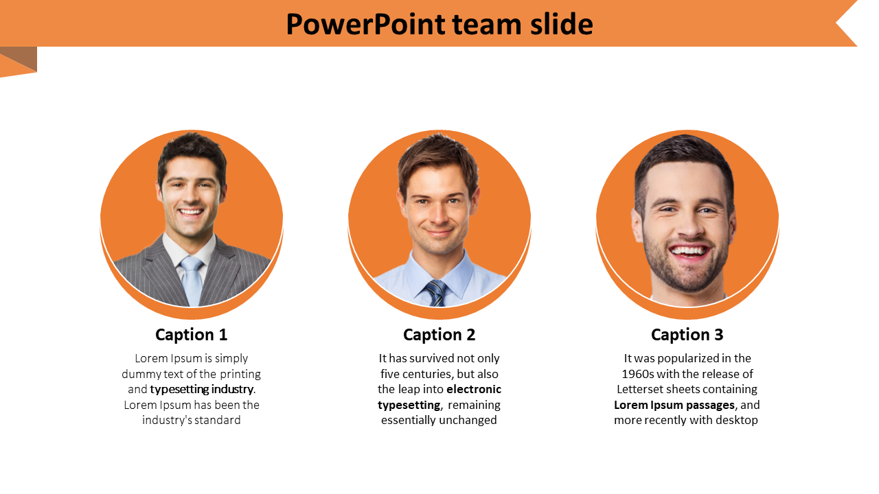 Team slide featuring three circular profile images with orange backgrounds and captions below each.