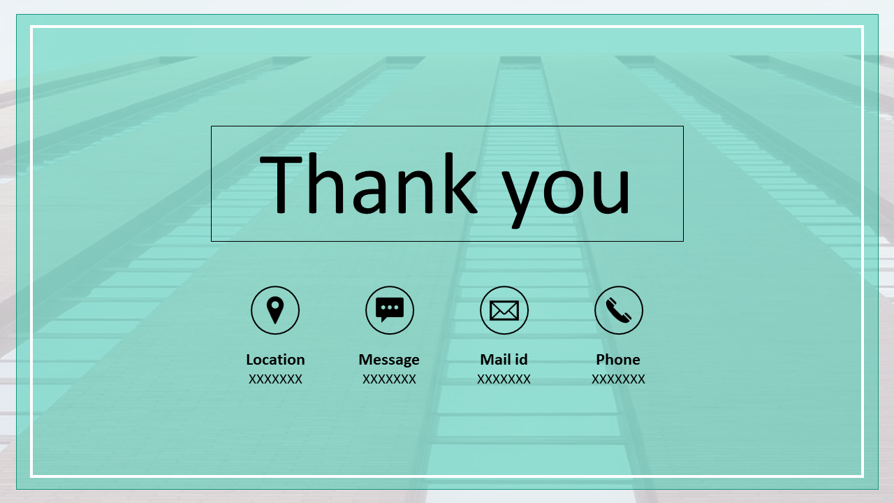 Teal themed thank you slide featuring centered text and contact icons arranged in a clean layout.