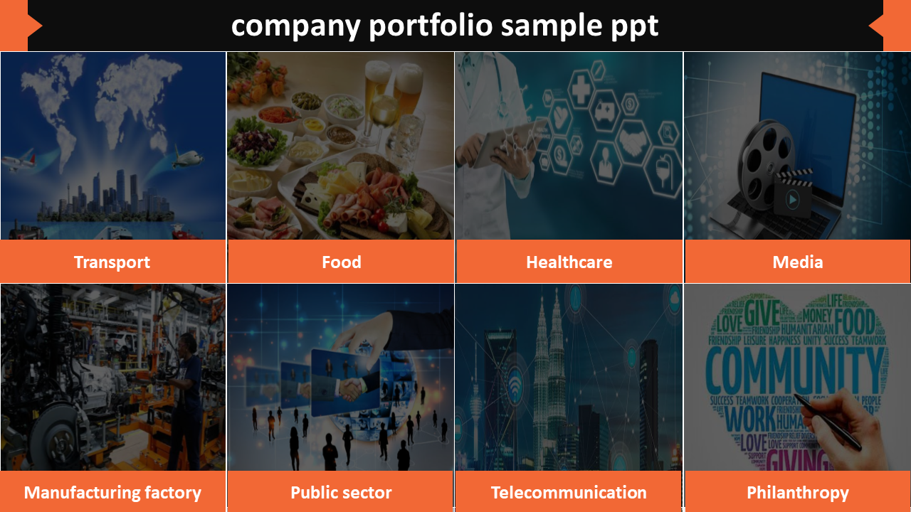 Company portfolio sample slide showcasing a grid of eight images.