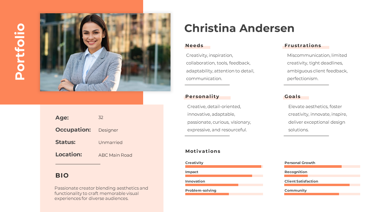 Orange-accented slide with a portrait on the left, and personal details with text sections and bar graphs.