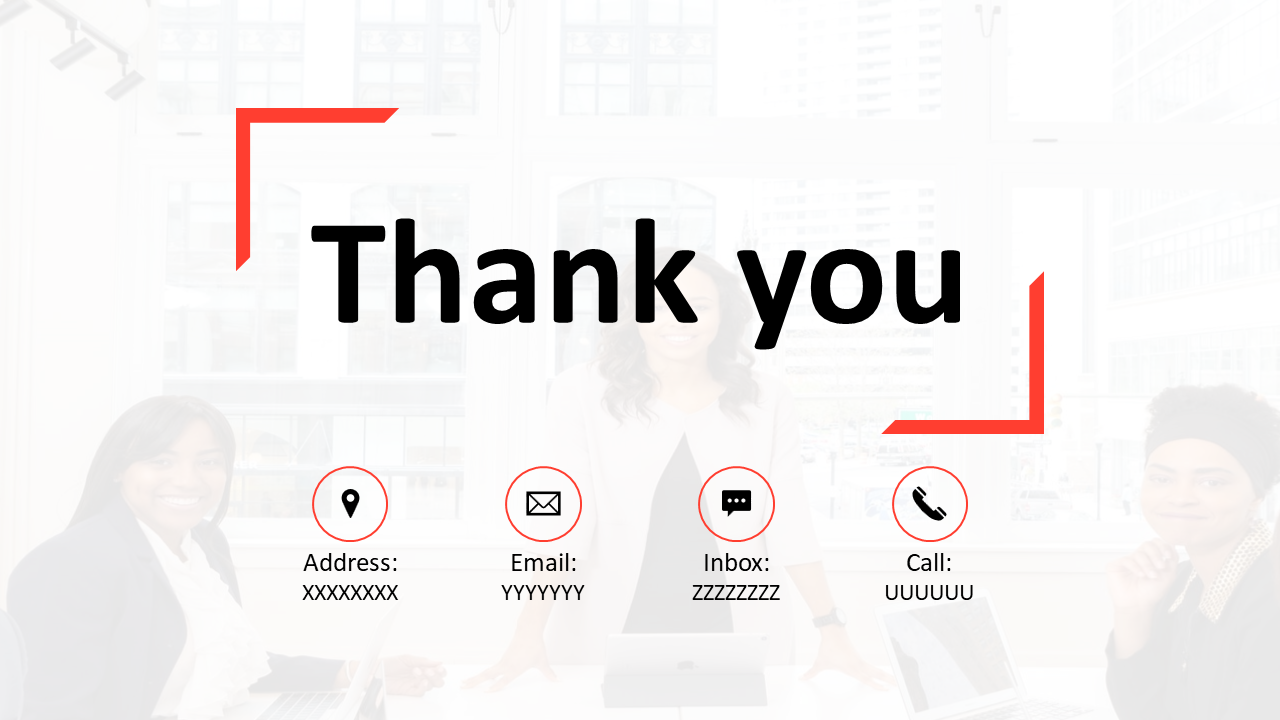 Thank you slide with contact details including address, email, inbox, and phone, with red accents, on a office background.