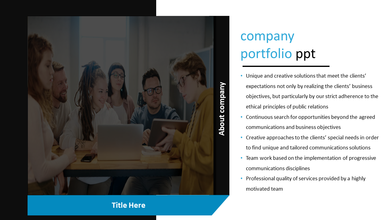 A PowerPoint slide highlighting a company's portfolio with key achievements and values.