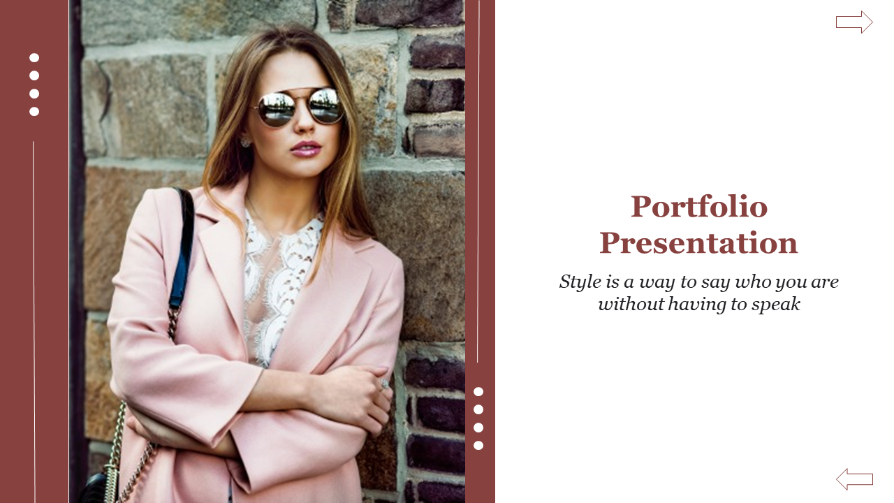 Portfolio slide featuring a stylish woman in a pink coat and sunglasses on the left and a quote on style on the right.