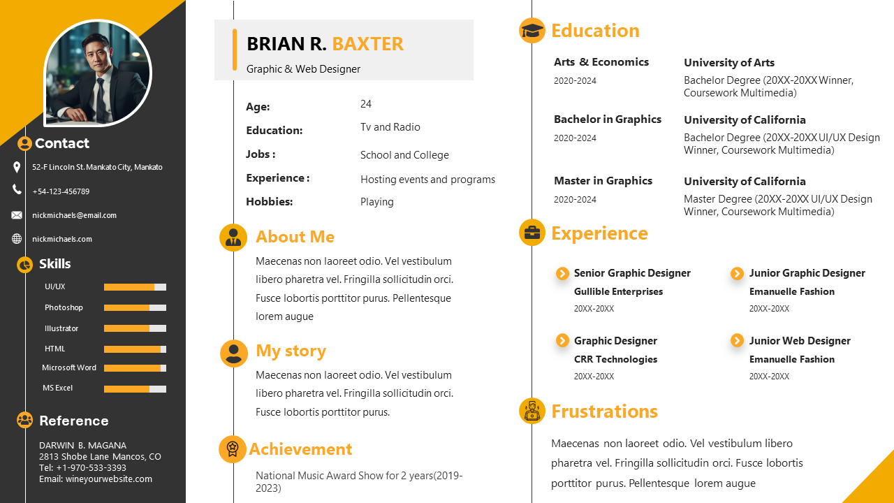 A PowerPoint slide highlighting a creative portfolio with visuals and text with profile photo and many sections.