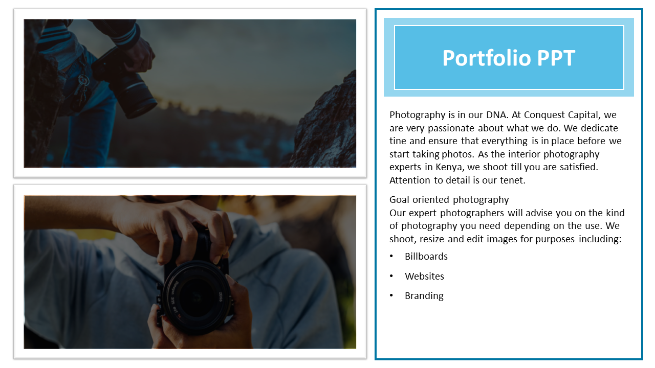 Portfolio slide featuring two images of cameras and text describing photography services and expertise.