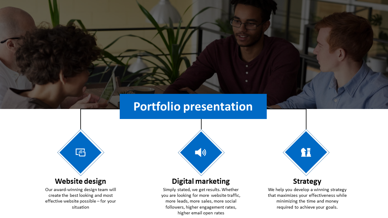 A PowerPoint slide highlighting a creative portfolio with visuals and three text sections with blue icons.