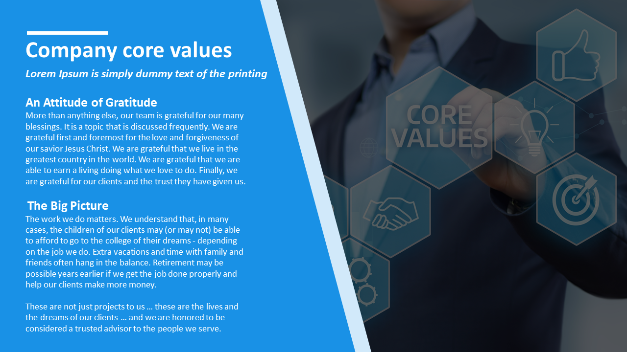 Core values slide with text area on a blue background and transparent icons in hexagonal shapes on the right.