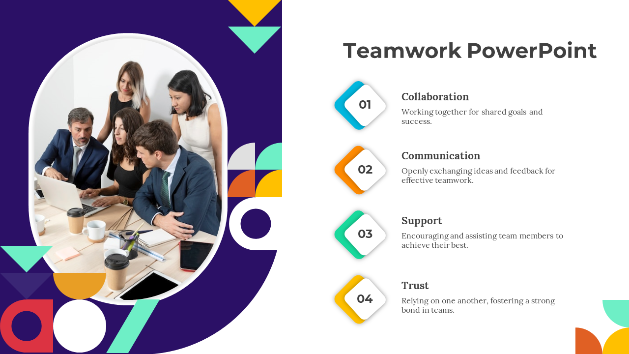 Teamwork slide featuring a group discussion image and four numbered text points on the right, with colored geometric shapes.