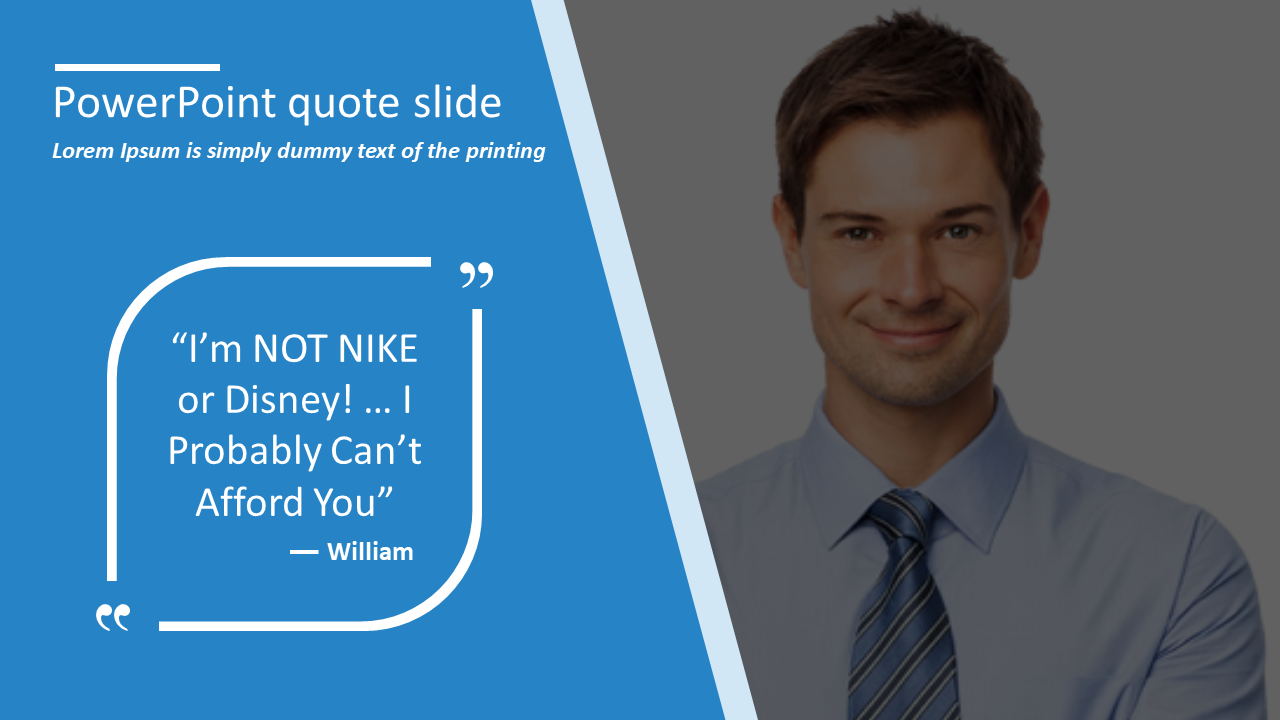 A PowerPoint slide with a quote by William on a blue theme with an image of an individual.