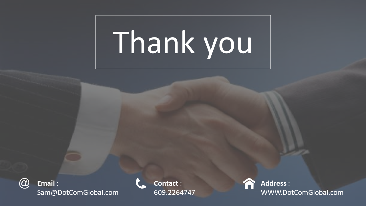 Thank you slide with a blurred handshake background, with title at the top and contact information at the bottom.